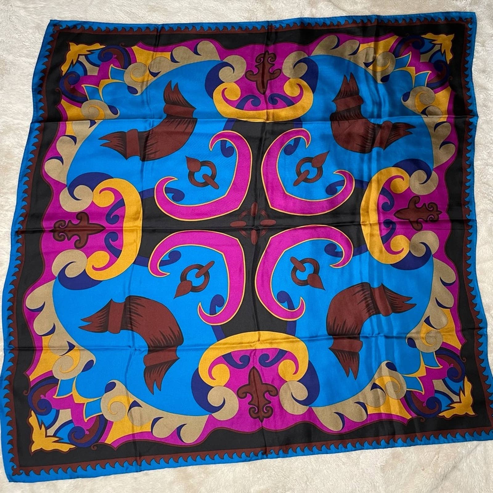 Perry Ellis Gold Purple Blue Silk Printed Scarf